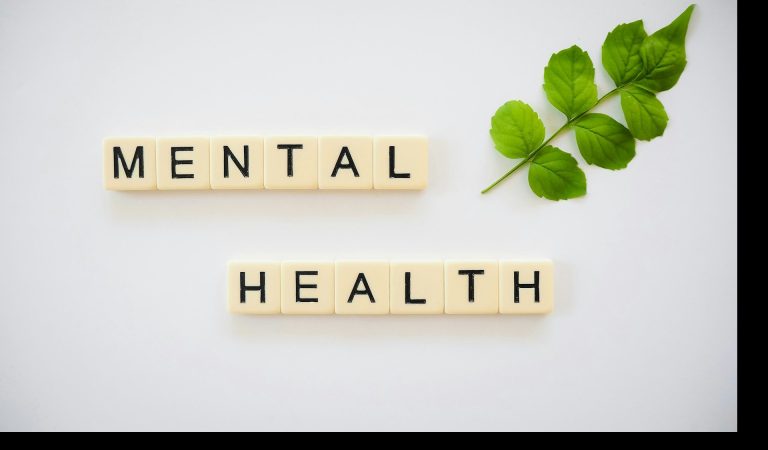 Scrabble tiles spelling "MENTAL HEALTH" next to a green leaf on a white background.